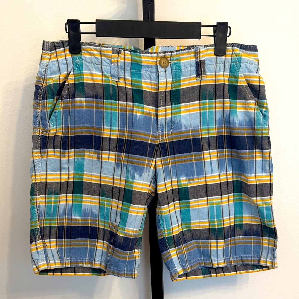 Lands End Plaid Shorts in Blue, Green, and Yellow Button Fly 100% Cotton Size 4